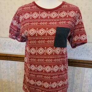 ON THE BYAS- SOUTHWESTERN RED AZTEC PRINT- SHORT SLEEVE- MEN- SIZE MEDIUM